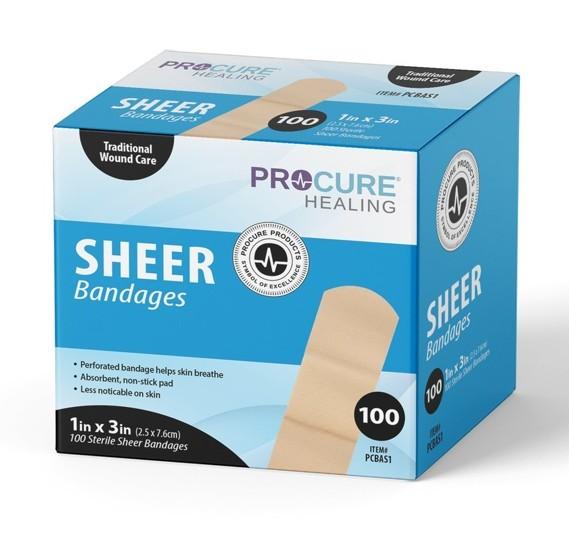 ProCure Band Aids Sheer Strips 1"x3" - 100ea/bx 12bx/cs